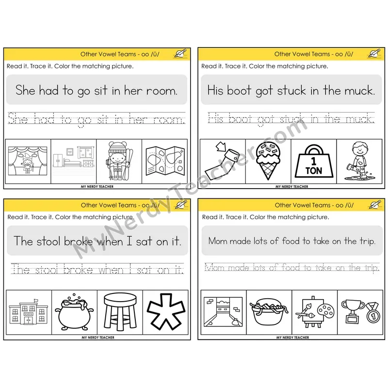 Long OO (/ū/) Read It Trace It Color It Task Cards — Decodable Sentences