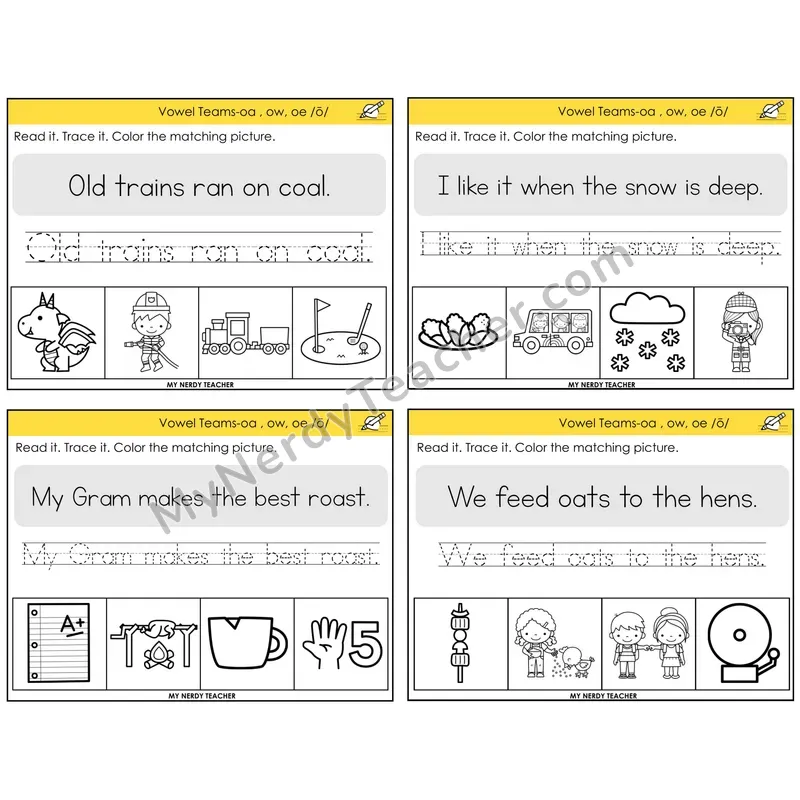Long O Vowel Teams (oa, ow, oe) Read It Trace It Color It Task Cards — Decodable Sentences