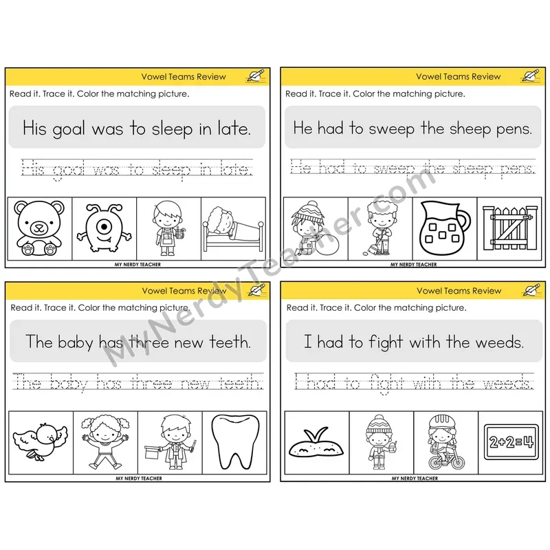 Long Vowel Teams Review Read It Trace It Color It Task Cards — Decodable Sentences