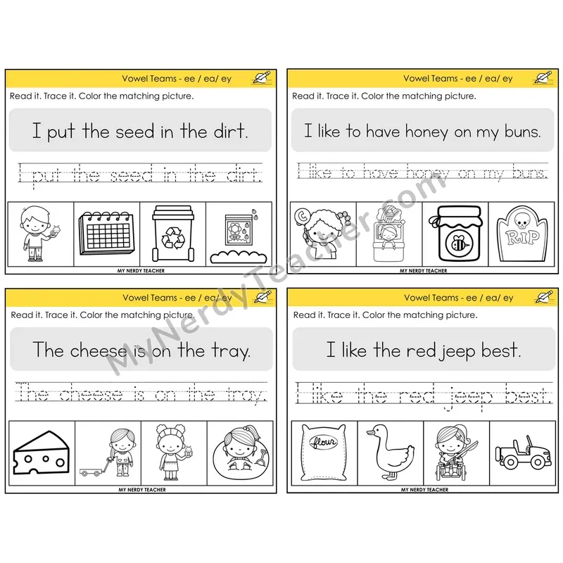 Long E Vowel Teams (ee, ea, ey) Read It Trace It Color It Task Cards — Decodable Sentences