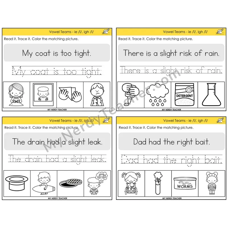 Long I Vowel Teams (ie, igh) Read It Trace It Color It Task Cards — Decodable Sentences