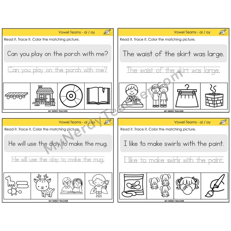 Long A Vowel Teams (ai, ay) Read It Trace It Color It Task Cards — Decodable Sentences
