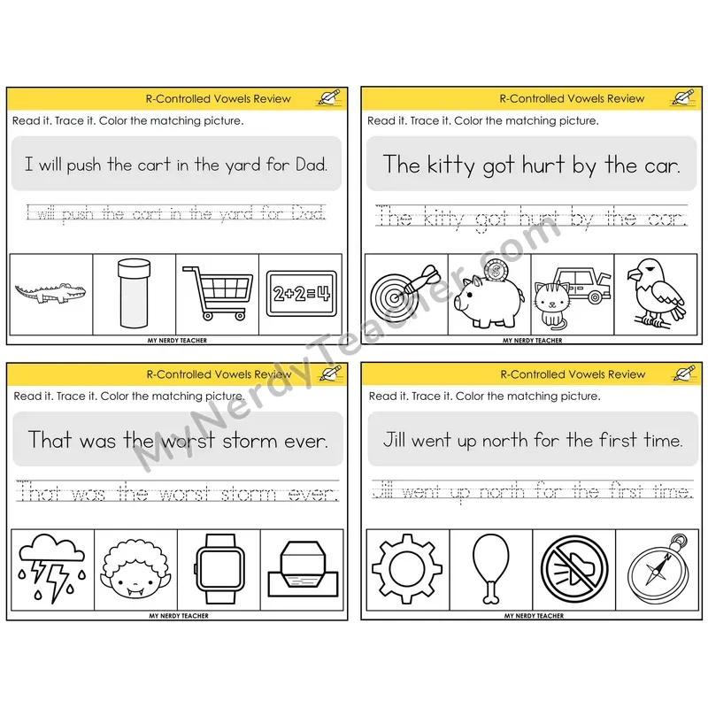 R-Controlled Vowels Review Read It Trace It Color It Task Cards — Decodable Sentences