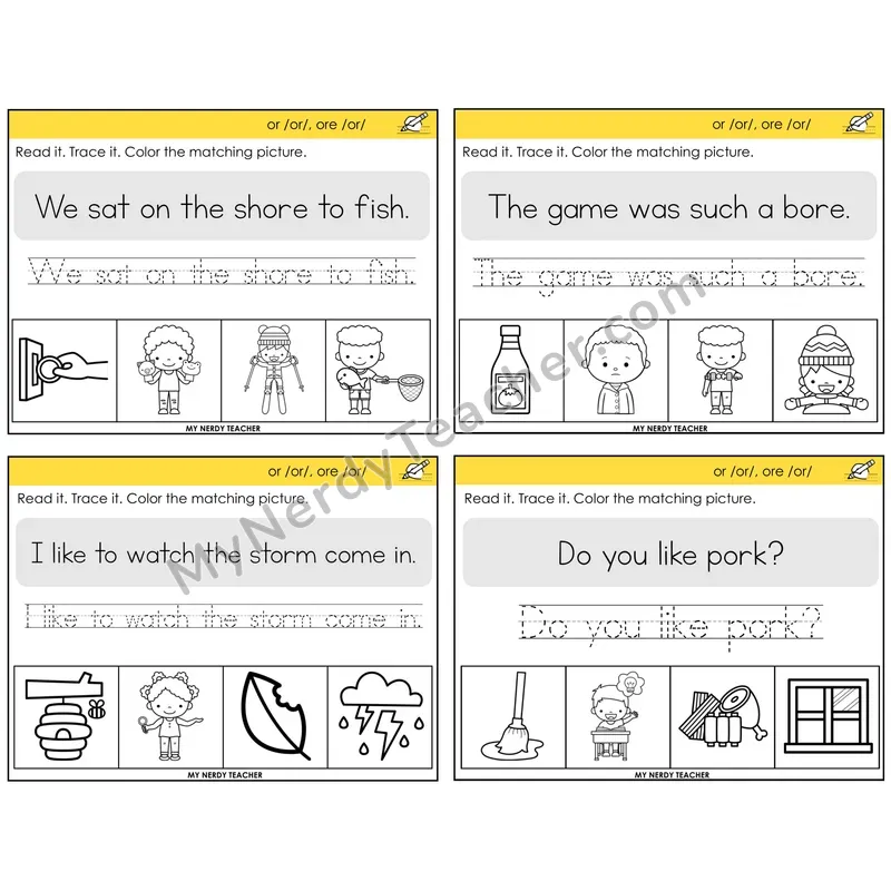R-Controlled OR and ORE Read It Trace It Color It Task Cards — Decodable Sentences