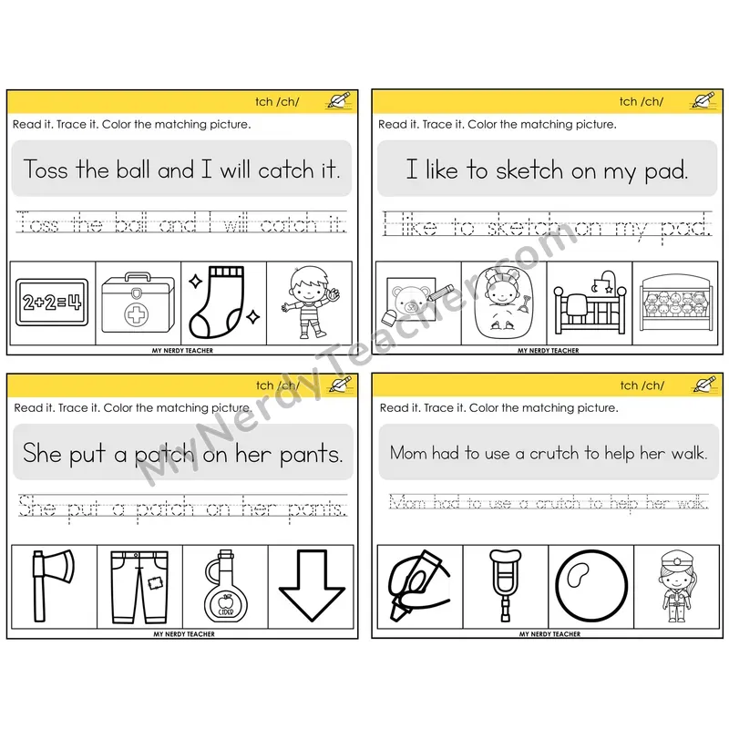 TCH Trigraph Read It Trace It Color It Task Cards — Decodable Sentences