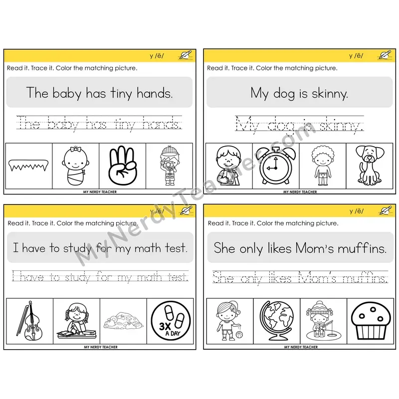 Y as Long E Read It Trace It Color It Task Cards — Decodable Sentences