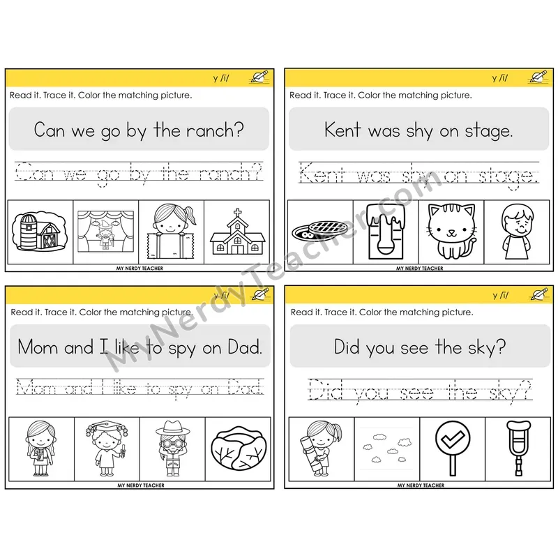 Y as Long I Read It Trace It Color It Task Cards — Decodable Sentences