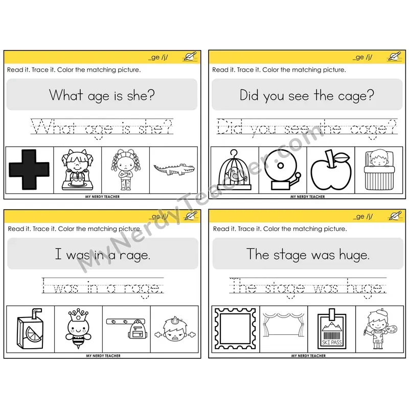 Soft G (_ge) Read It Trace It Color It Task Cards — Decodable Sentences