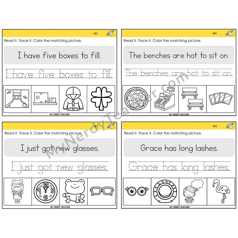 Suffix -es (Inflectional) Read It Trace It Color It Task Cards — Decodable Sentences