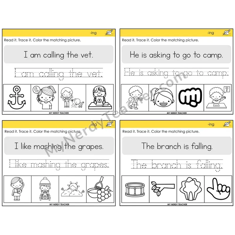 Suffix -ing Read It Trace It Color It Task Cards — Decodable Sentences