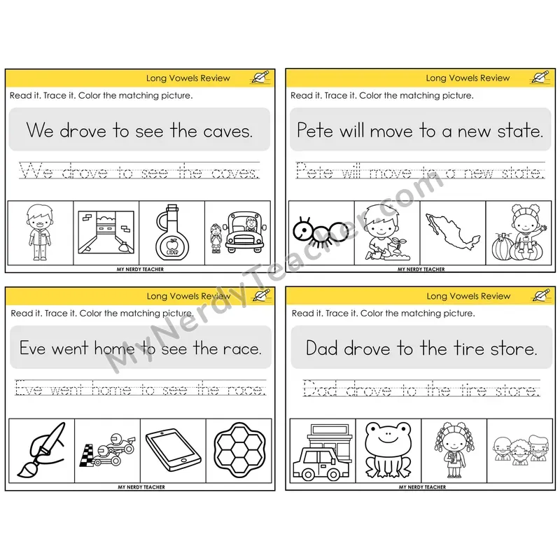 Long Vowels Review Read It Trace It Color It Task Cards — Decodable Sentences