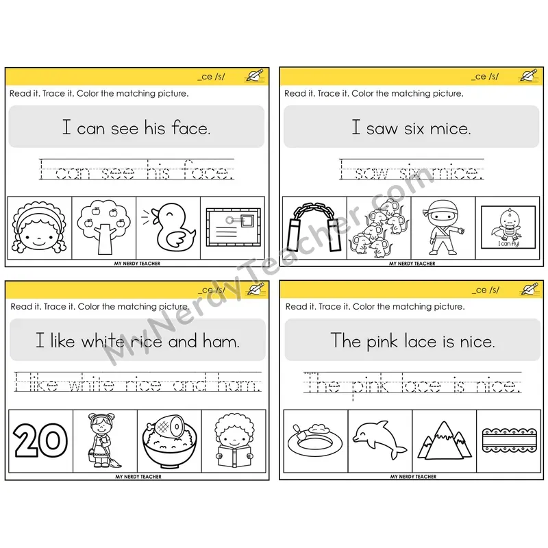 Soft C (_ce) Read It Trace It Color It Task Cards — Decodable Sentences