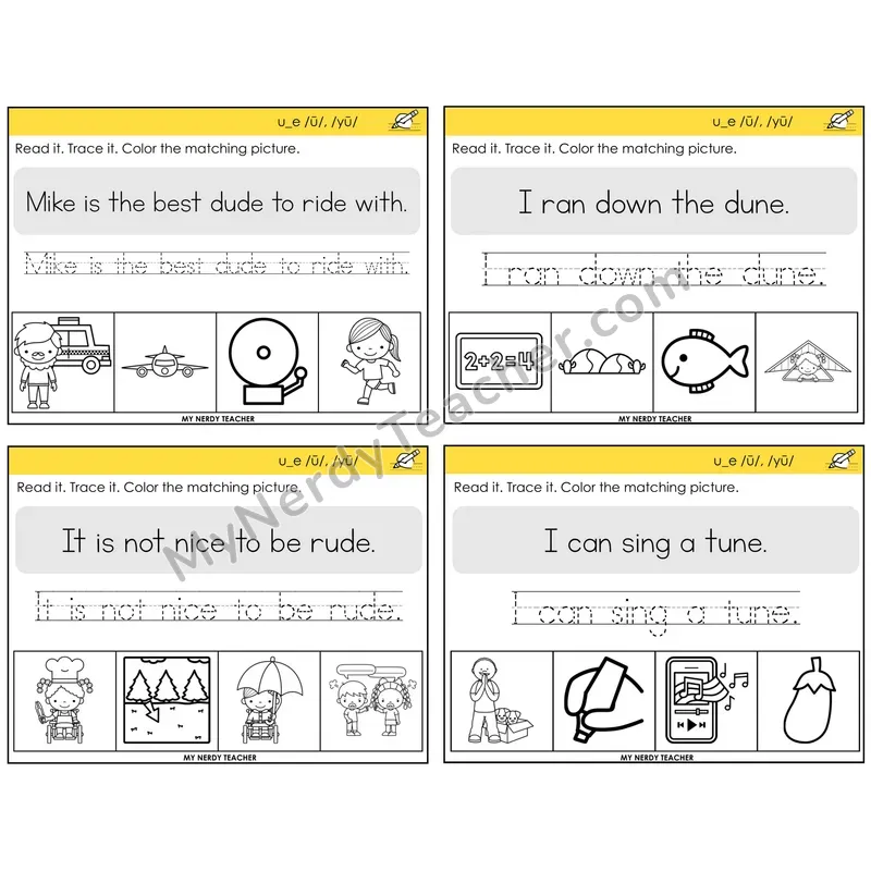 Long U VCe (u_e) Read It Trace It Color It Task Cards — Decodable Sentences