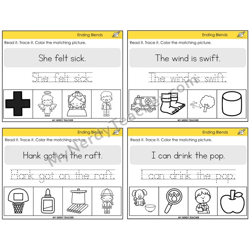 Ending Blends Read It Trace It Color It Task Cards — Decodable Sentences