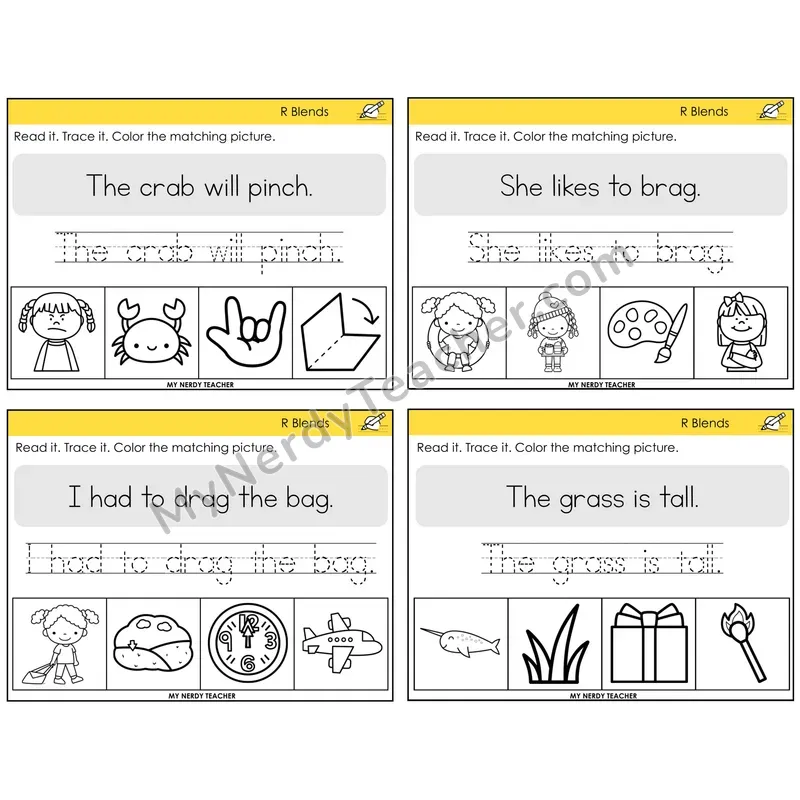 R Blends Read It Trace It Color It Task Cards — Decodable Sentences