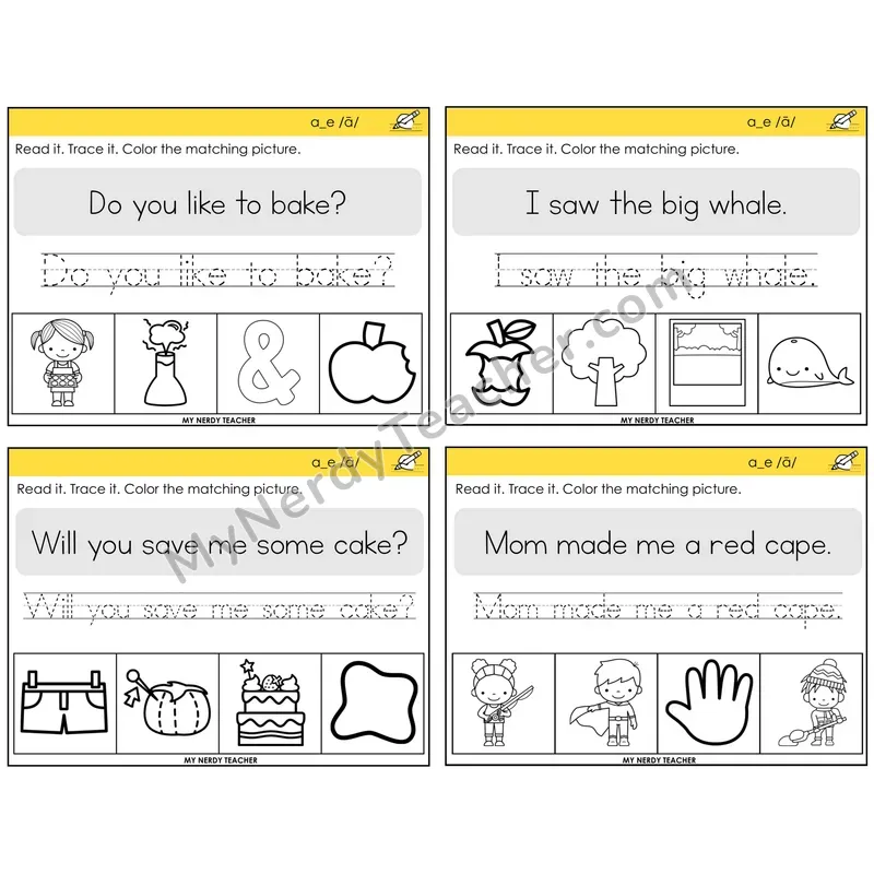 Long A VCe (a_e) Read It Trace It Color It Task Cards — Decodable Sentences