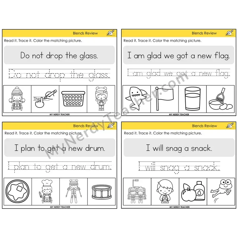 Blends Review Read It Trace It Color It Task Cards — Decodable Sentences