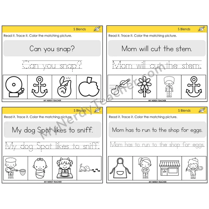 S Blends Read It Trace It Color It Task Cards — Decodable Sentences