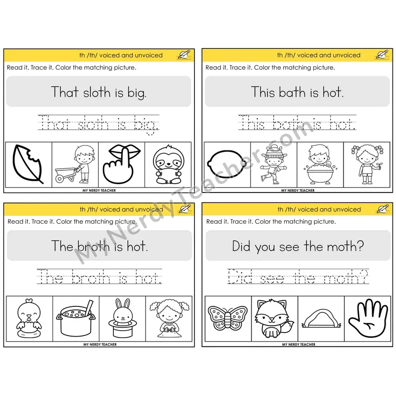 TH Digraph (Voiced + Unvoiced) Read It Trace It Color It Task Cards — Decodable Sentences