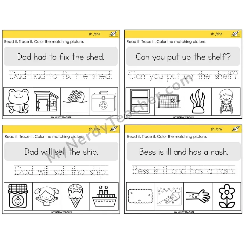 SH Digraph Read It Trace It Color It Task Cards — Decodable Sentences