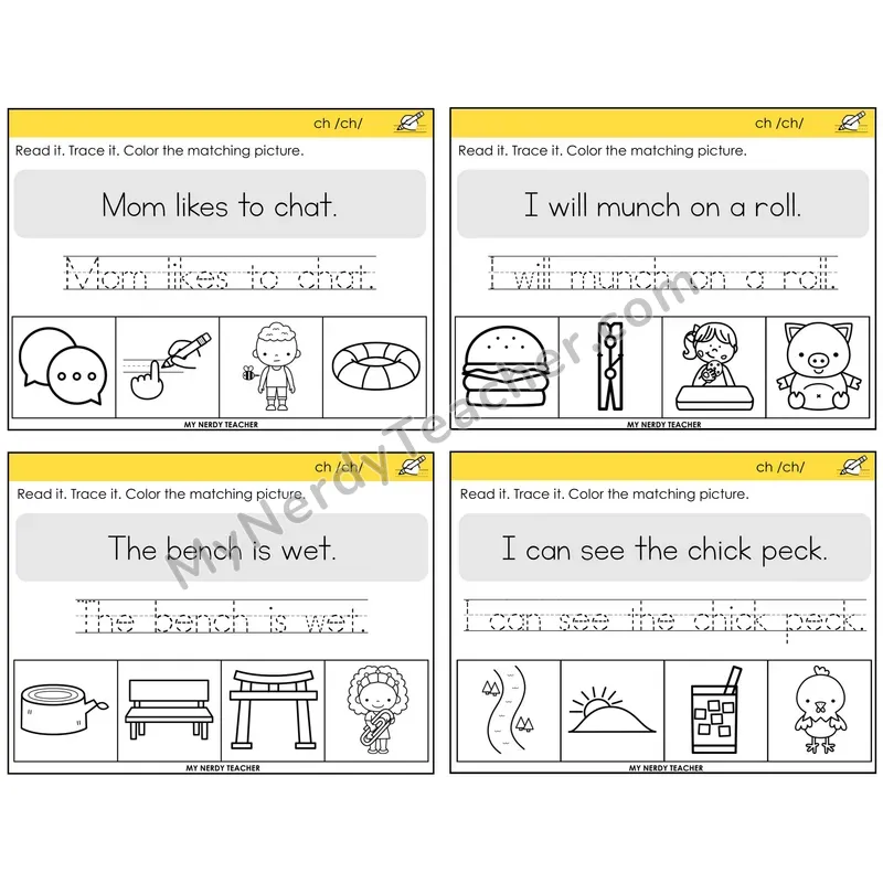 CH Digraph Read It Trace It Color It Task Cards — Decodable Sentences