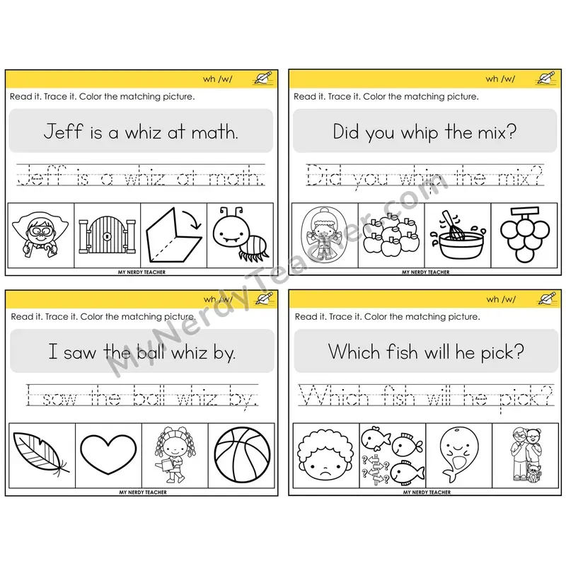 WH Digraph Read It Trace It Color It Task Cards — Decodable Sentences
