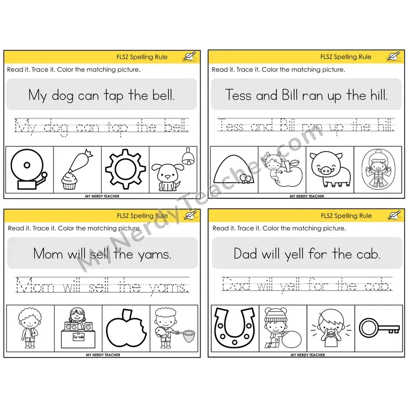Floss Rule (ff, ll, ss, zz) Read It Trace It Color It Task Cards — Decodable Sentences