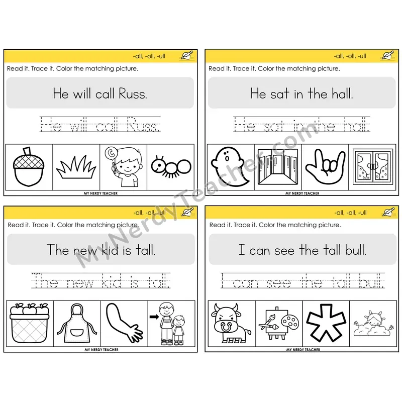 All, Oll, Ull Read It Trace It Color It Task Cards — Decodable Sentences