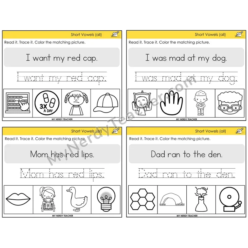 Short Vowels Review Read It Trace It Color It Task Cards — Decodable Sentences