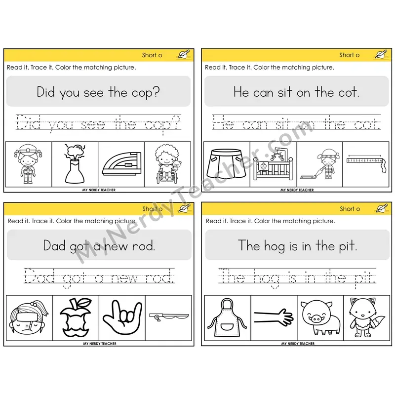 Short O Read It Trace It Color It Task Cards — Decodable Sentences