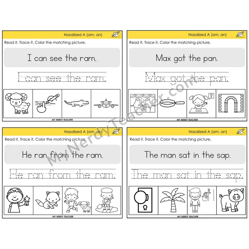 Nasalized A (am, an) Read It Trace It Color It Task Cards — Decodable Sentences