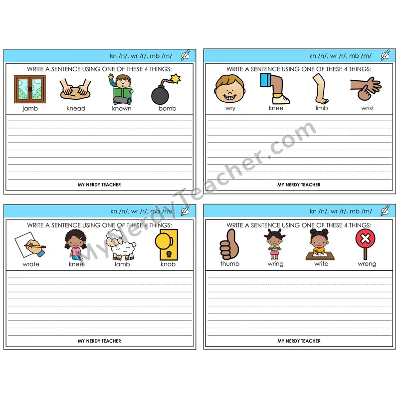 Silent Letters (kn, wr, mb) Write a Sentence Task Cards — Decodable Sentences