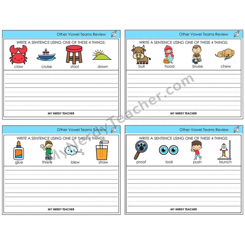 Other Vowel Teams Review Write a Sentence Task Cards — Decodable Sentences