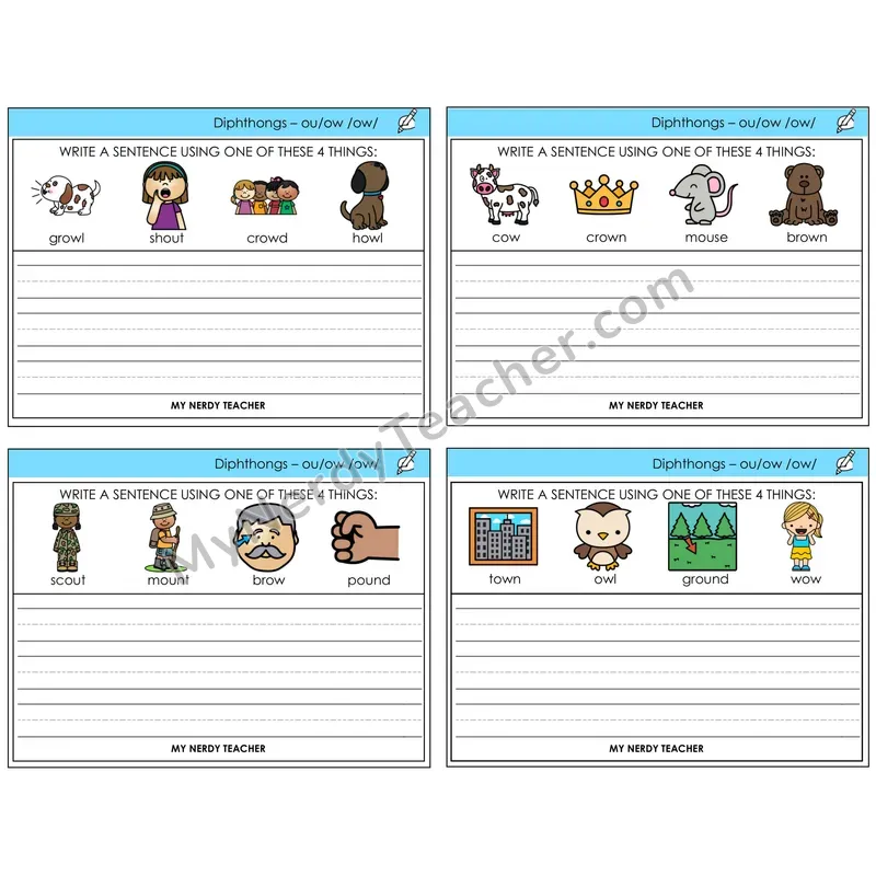 Diphthong OU and OW Write a Sentence Task Cards — Decodable Sentences