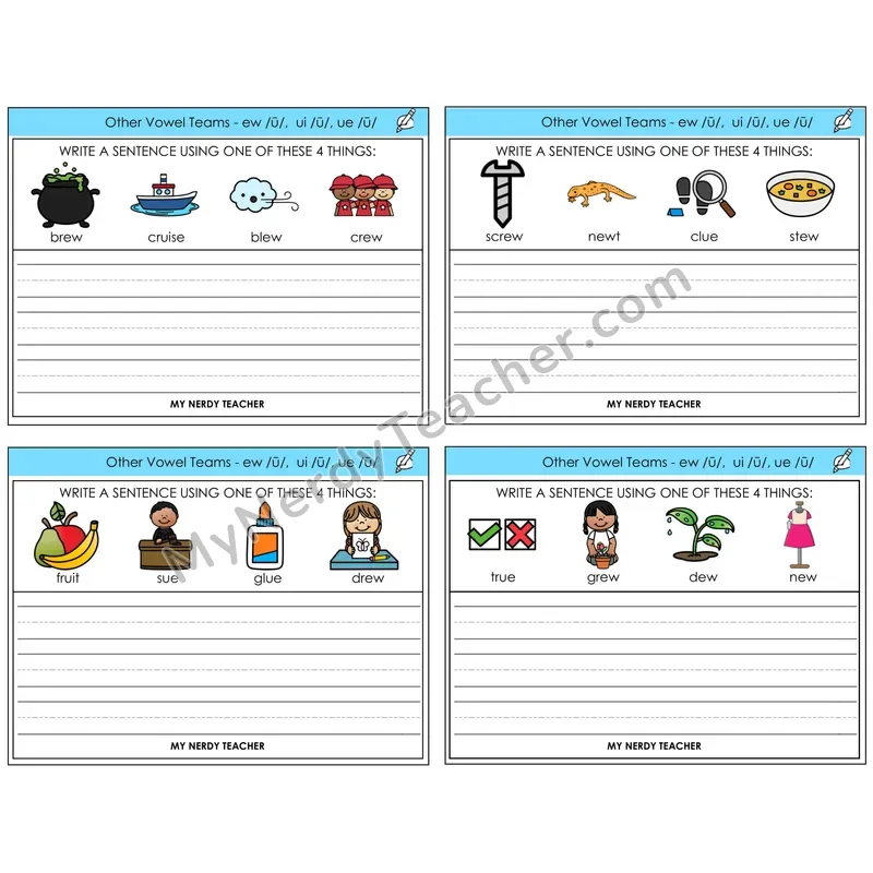 Long U (ew, ui, ue) Write a Sentence Task Cards — Decodable Sentences