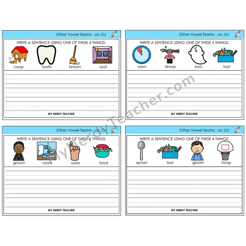 Long OO (/ū/) Write a Sentence Task Cards — Decodable Sentences