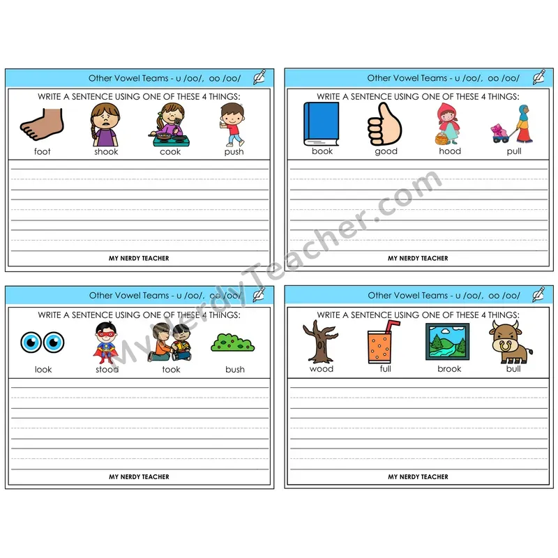 Short OO and U (/oo/) Write a Sentence Task Cards — Decodable Sentences