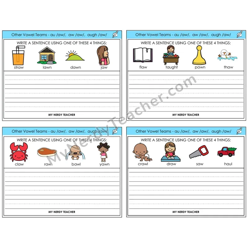 AU, AW, AUGH (/aw/) Write a Sentence Task Cards — Decodable Sentences