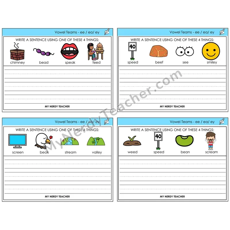 Long E Vowel Teams (ee, ea, ey) Write a Sentence Task Cards — Decodable Sentences