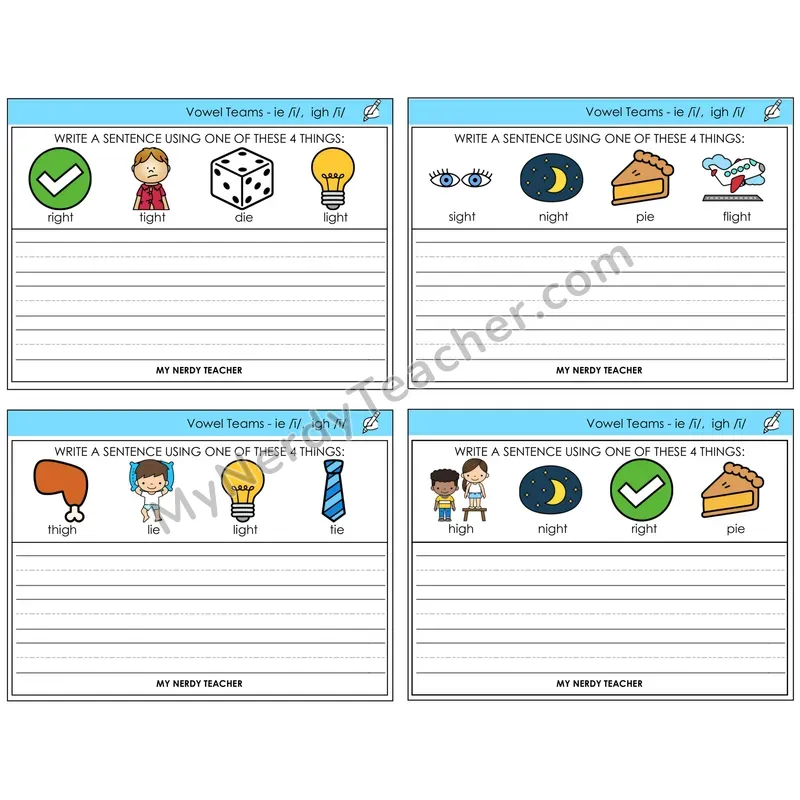 Long I Vowel Teams (ie, igh) Write a Sentence Task Cards — Decodable Sentences