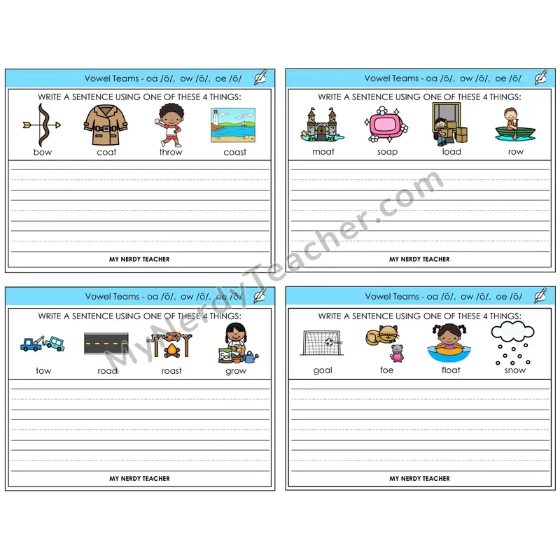 Long O Vowel Teams (oa, ow, oe) Write a Sentence Task Cards — Decodable Sentences