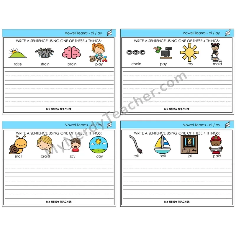 Long A Vowel Teams (ai, ay) Write a Sentence Task Cards — Decodable Sentences
