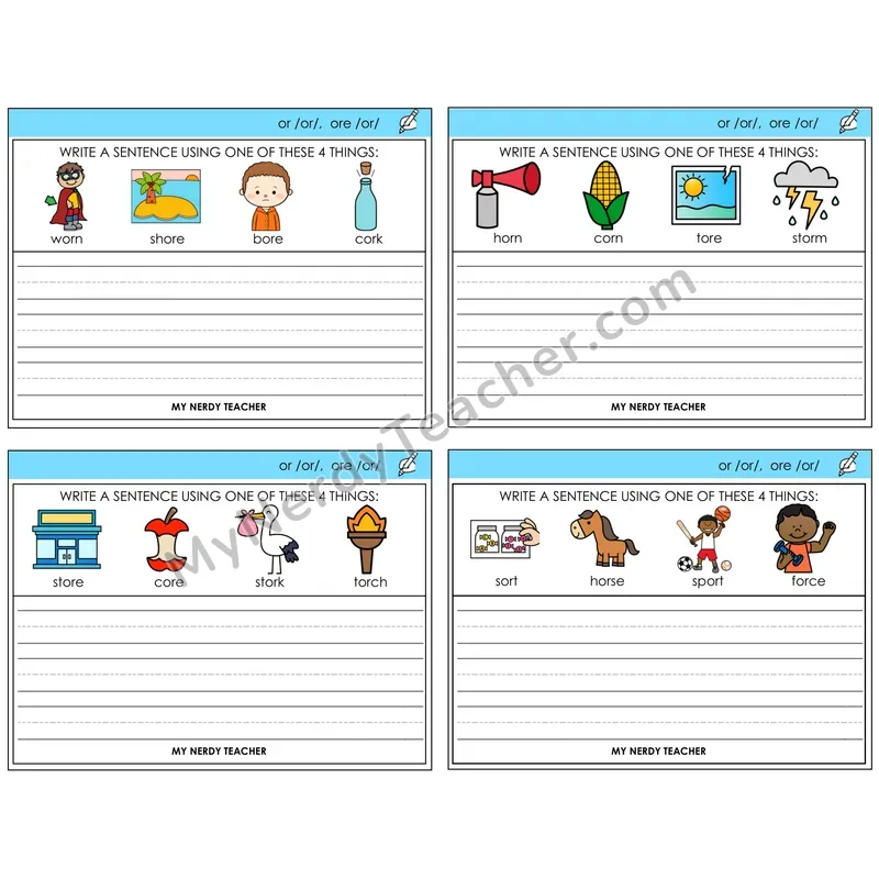 R-Controlled OR and ORE Write a Sentence Task Cards — Decodable Sentences
