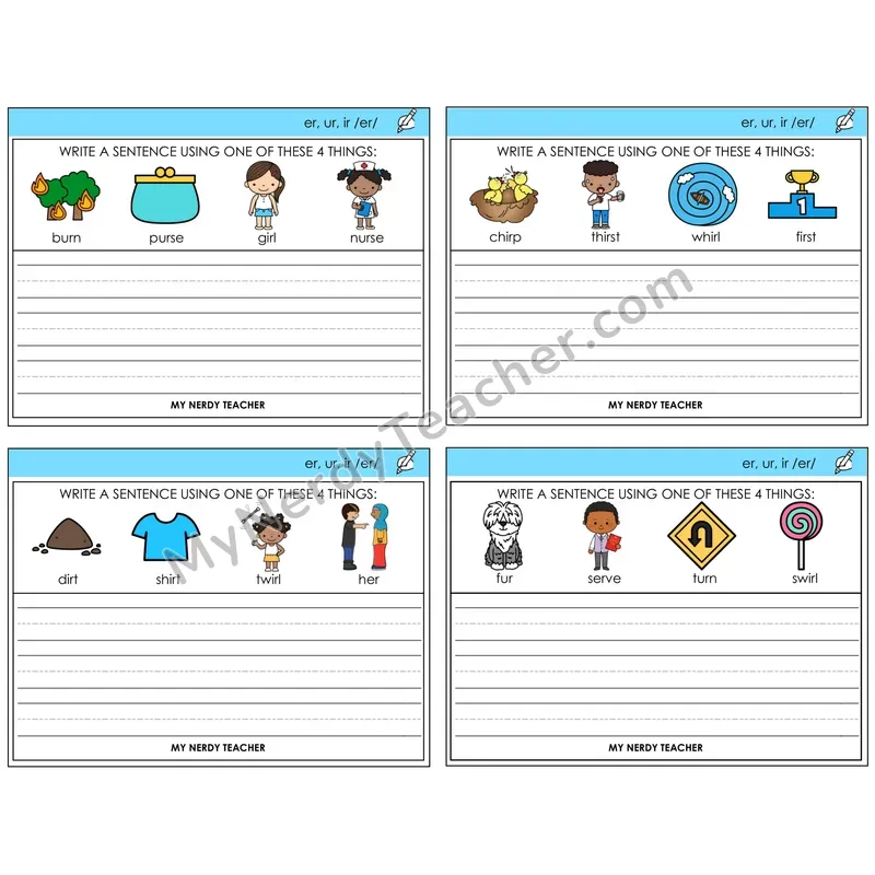 R-Controlled ER, UR, IR Write a Sentence Task Cards — Decodable Sentences