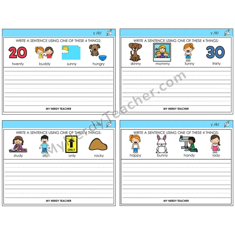 Y as Long E Write a Sentence Task Cards — Decodable Sentences