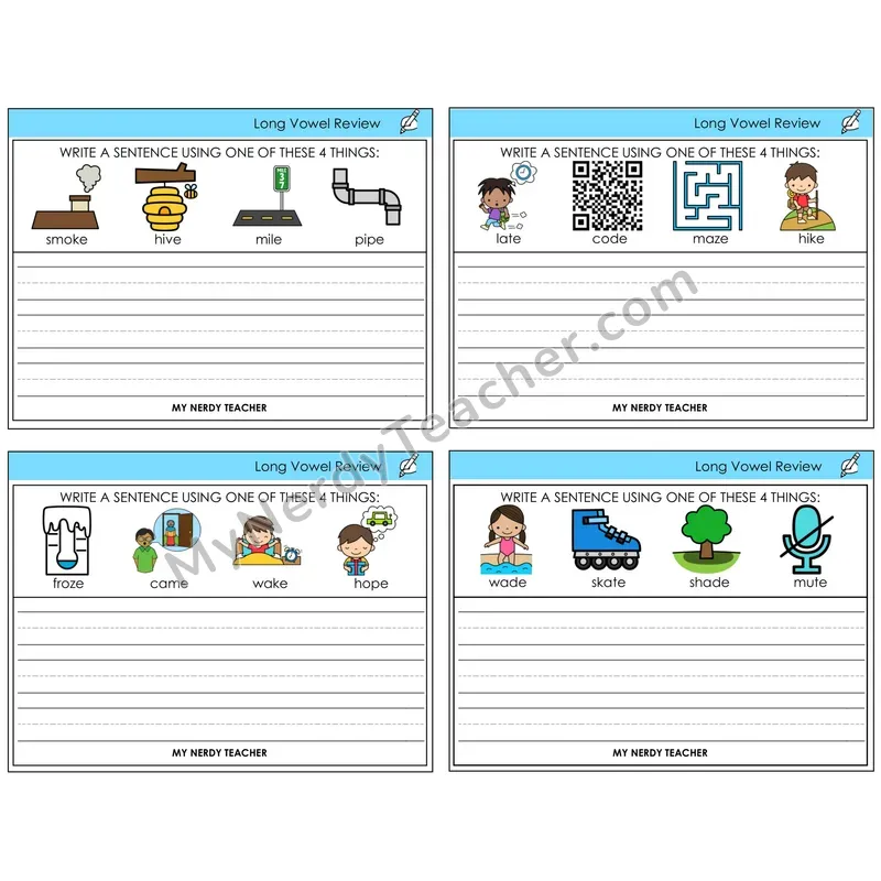 Long Vowels Review Write a Sentence Task Cards — Decodable Sentences