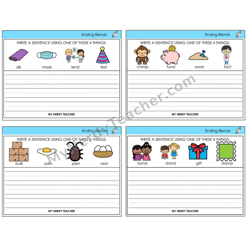 Ending Blends Write a Sentence Task Cards — Decodable Sentences