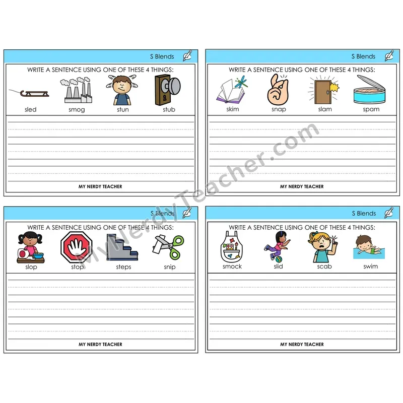 S Blends Write a Sentence Task Cards — Decodable Sentences