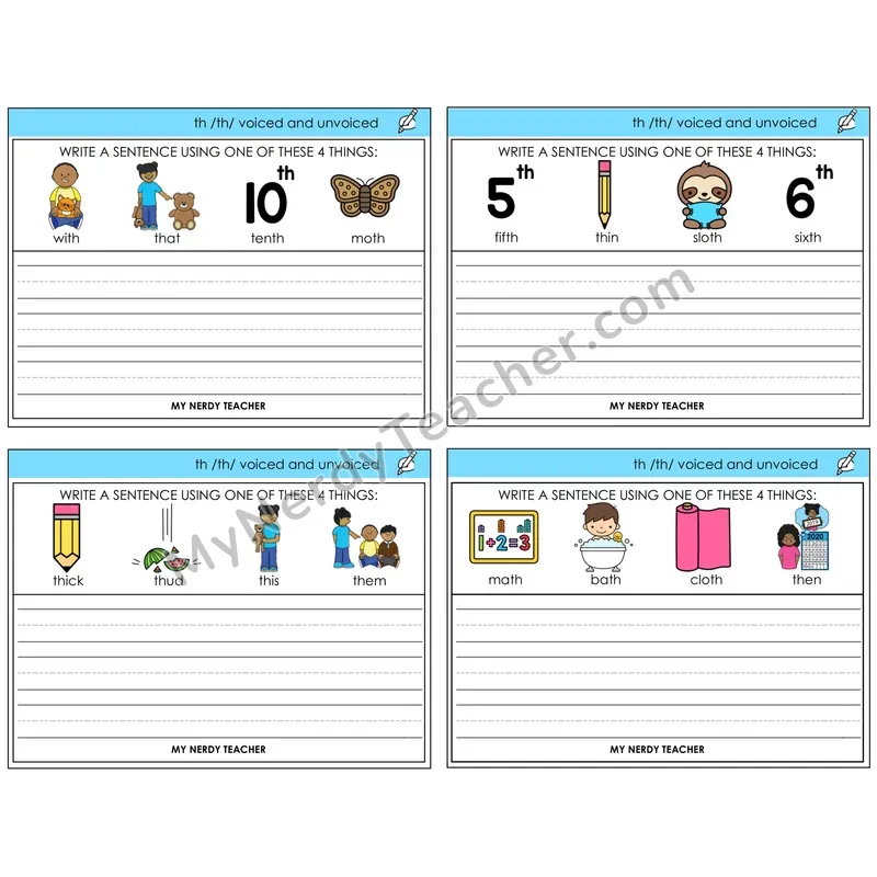 TH Digraph (Voiced + Unvoiced) Write a Sentence Task Cards — Decodable Sentences