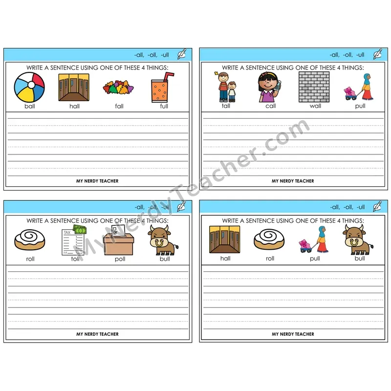 All, Oll, Ull Write a Sentence Task Cards — Decodable Sentences